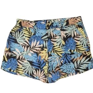 Basic Editions Women's Large Blue Multicolor Tropical Foliage Linen Shorts